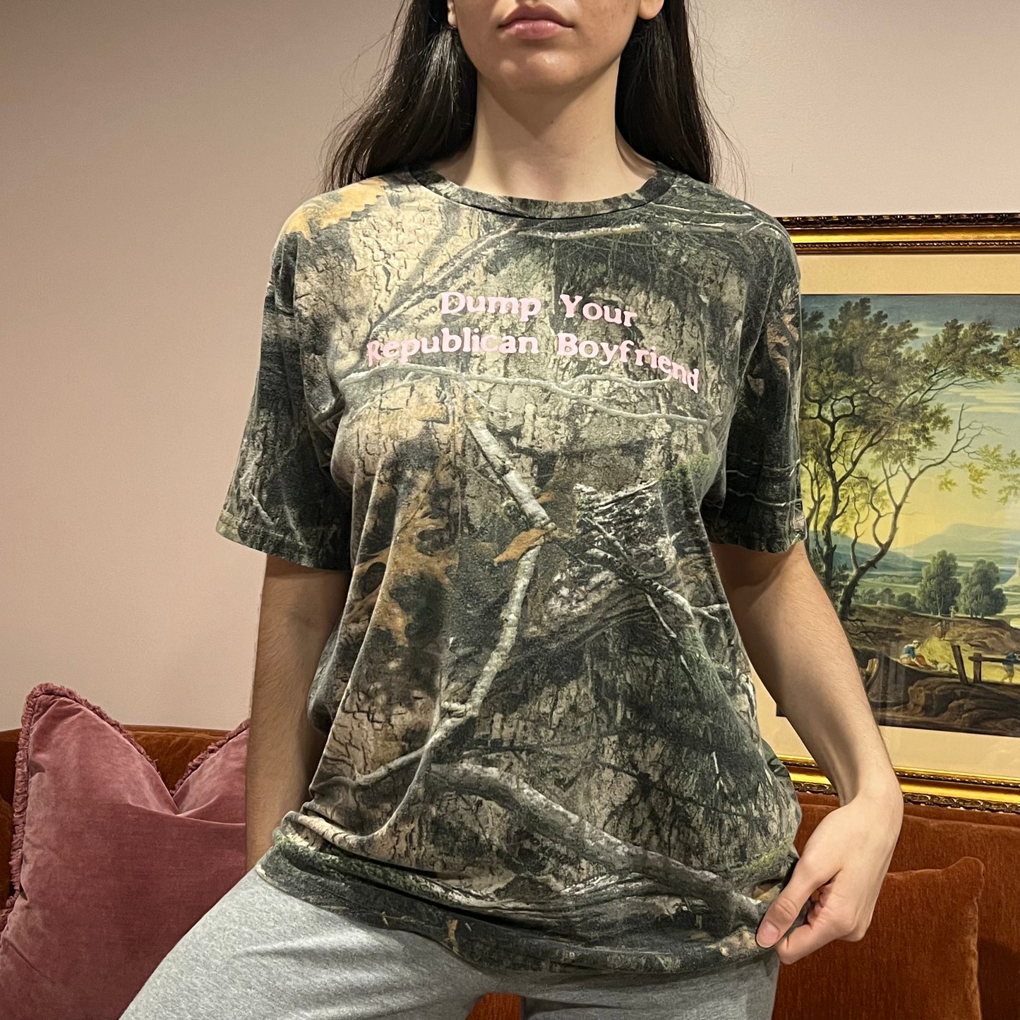 DUMP YOUR REPUBLICAN BOYFRIEND camo t-shirt with pink text (L)