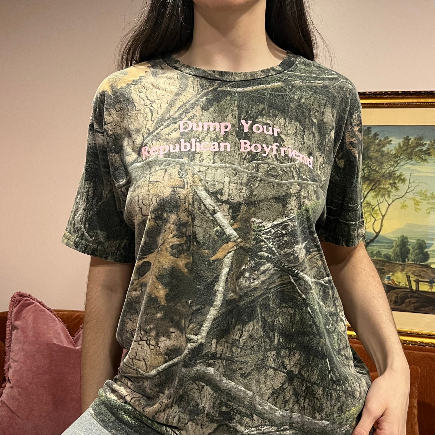 DUMP YOUR REPUBLICAN BOYFRIEND camo t-shirt with pink text (L)