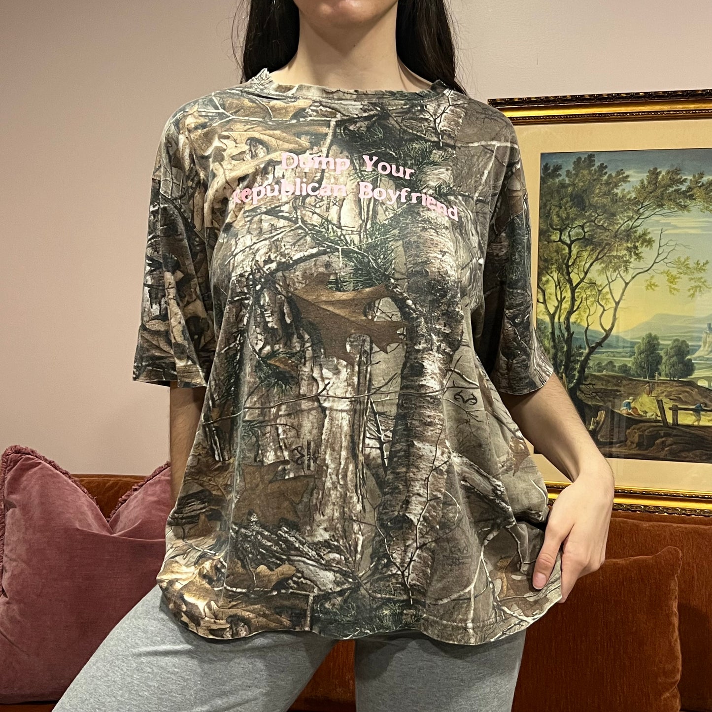 DUMP YOUR REPUBLICAN BOYFRIEND camo t-shirt with pink text (XL)