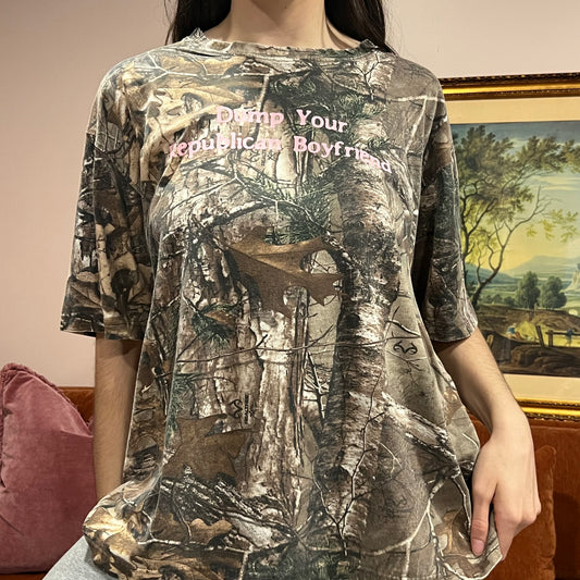 DUMP YOUR REPUBLICAN BOYFRIEND camo t-shirt with pink text (XL)