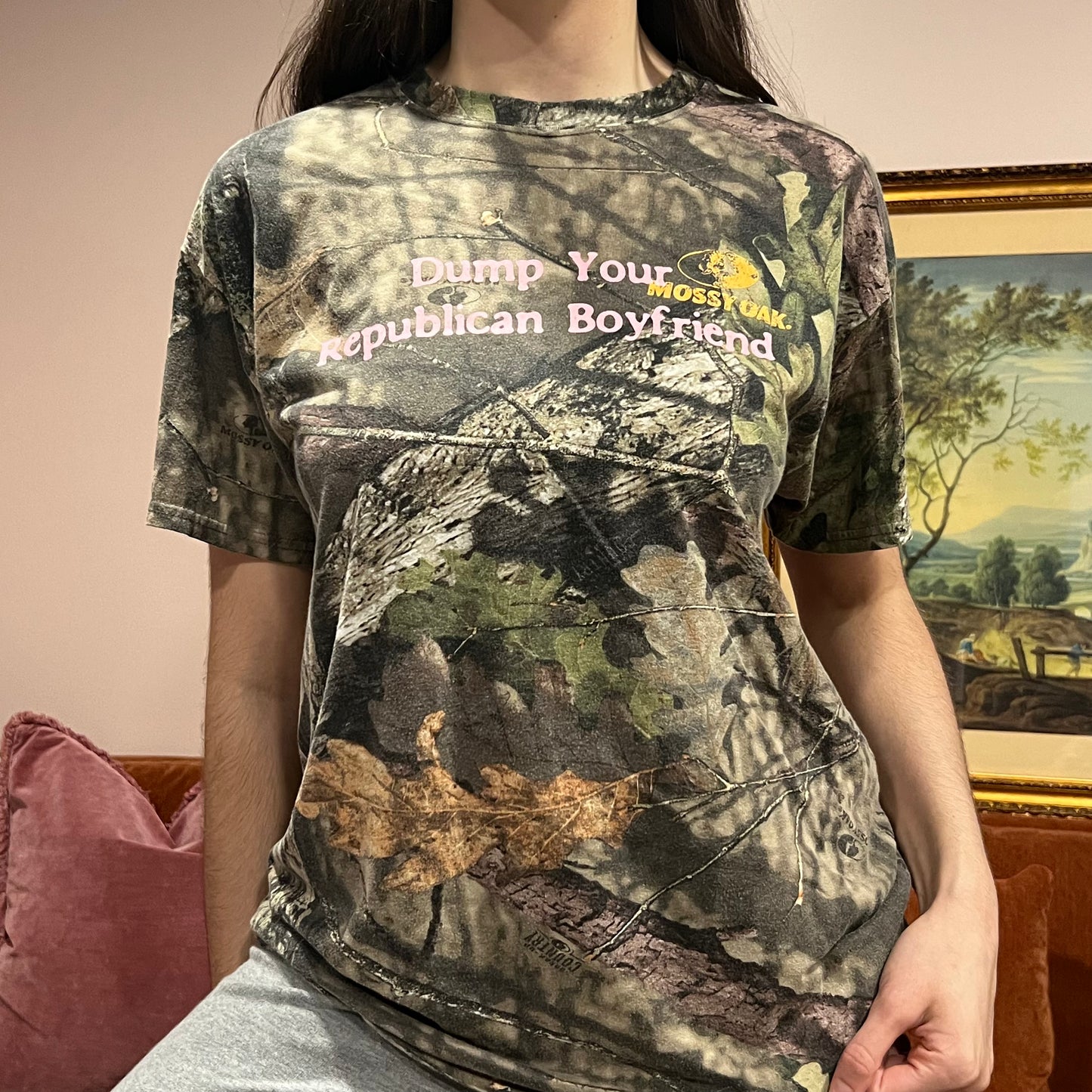 DUMP YOUR REPUBLICAN BOYFRIEND camo t-shirt with pink text (L)