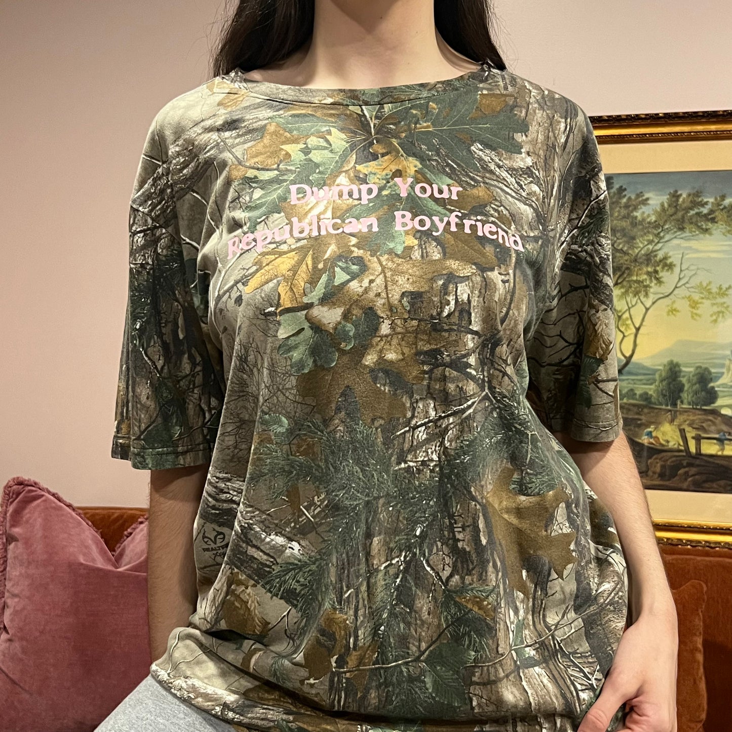 DUMP YOUR REPUBLICAN BOYFRIEND camo t-shirt with pink text (L)