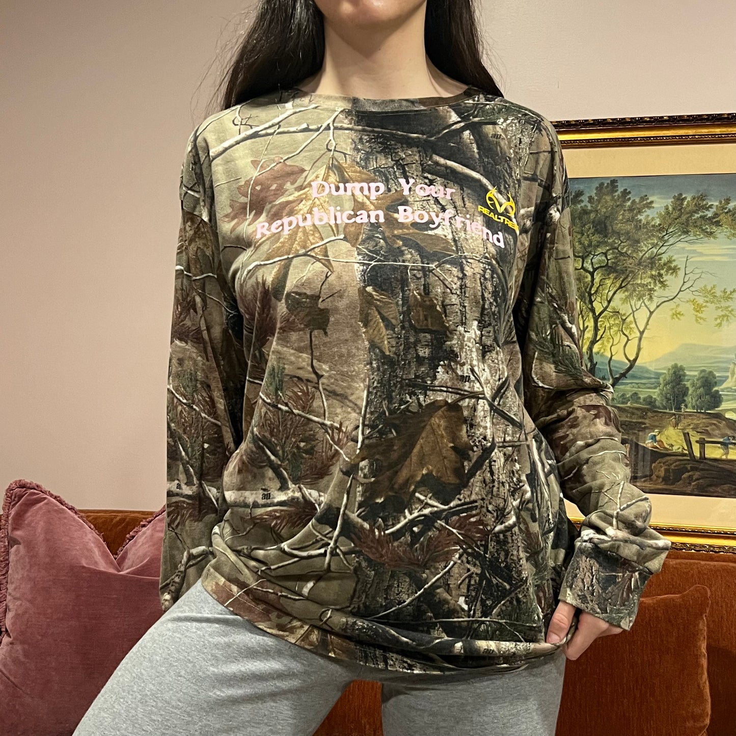 DUMP YOUR REPUBLICAN BOYFRIEND camo long sleeve t-shirt with pink text (XL)