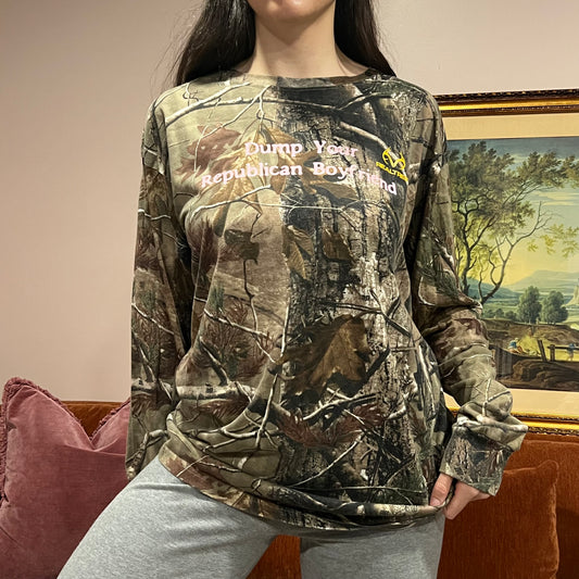 DUMP YOUR REPUBLICAN BOYFRIEND camo long sleeve t-shirt with pink text (XL)
