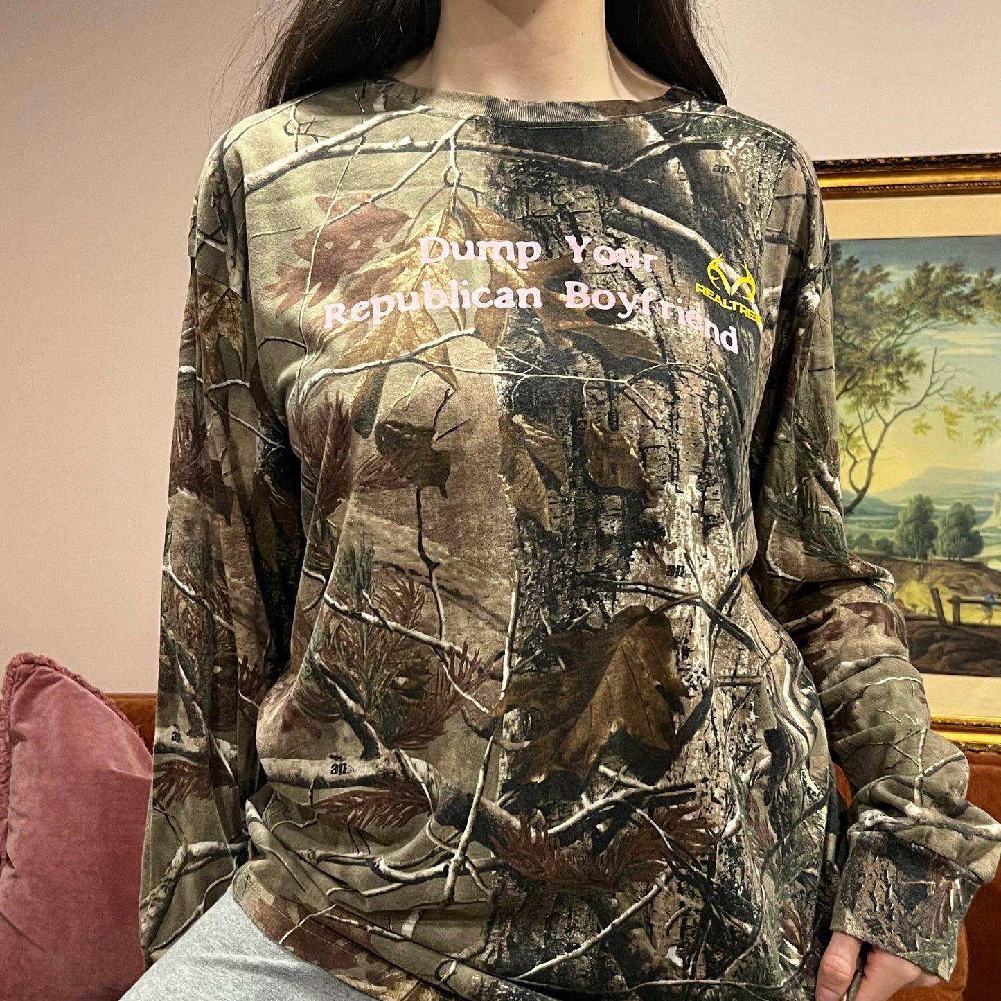 DUMP YOUR REPUBLICAN BOYFRIEND camo long sleeve t-shirt with pink text (XL)