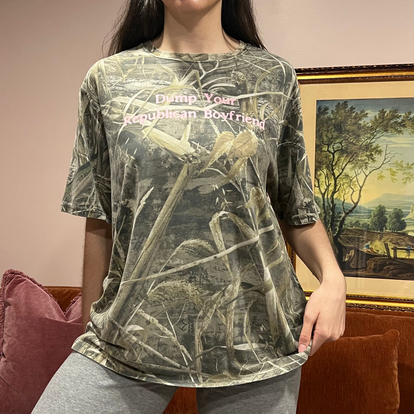 DUMP YOUR REPUBLICAN BOYFRIEND camo t-shirt with pink text (XL/2XL)
