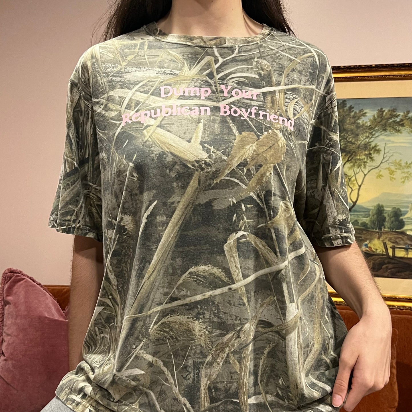 DUMP YOUR REPUBLICAN BOYFRIEND camo t-shirt with pink text (XL/2XL)