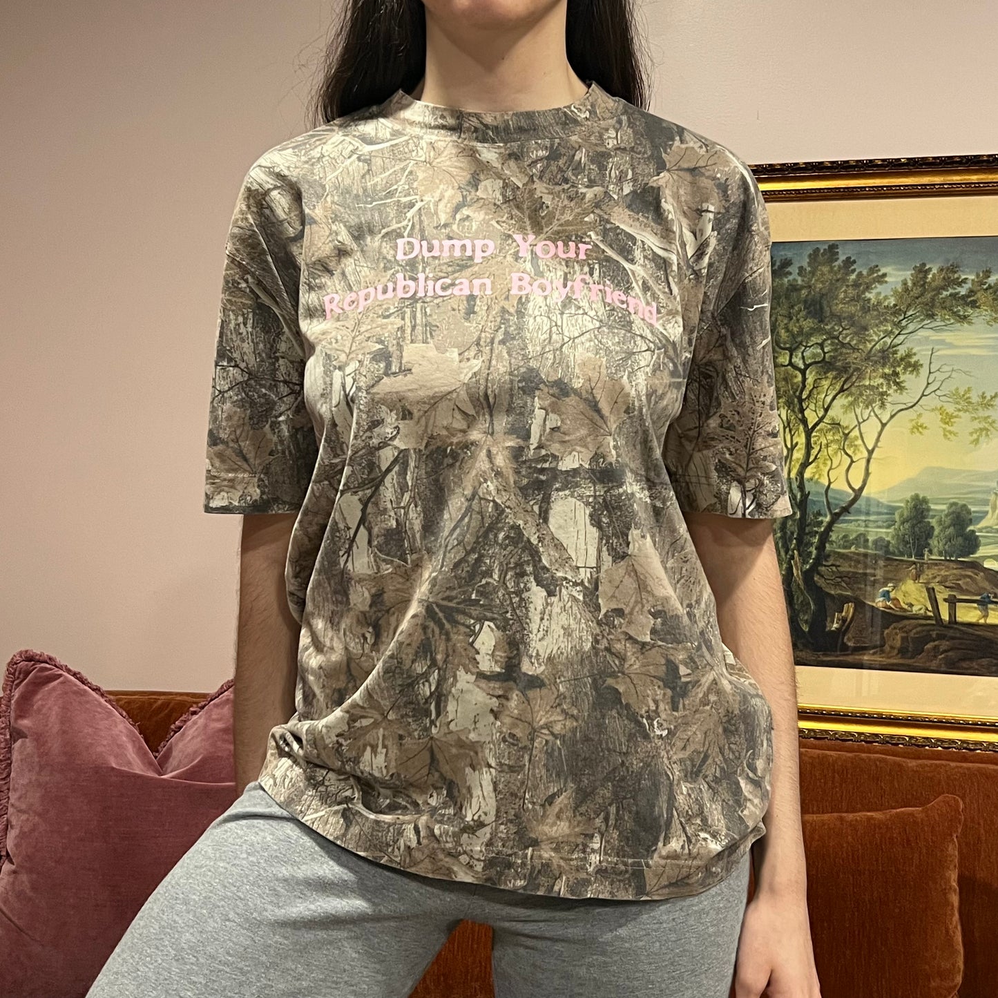 DUMP YOUR REPUBLICAN BOYFRIEND camo t-shirt with pink text (M)
