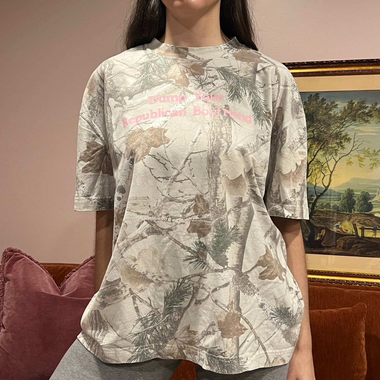 DUMP YOUR REPUBLICAN BOYFRIEND white camo t-shirt with pink text (XL)