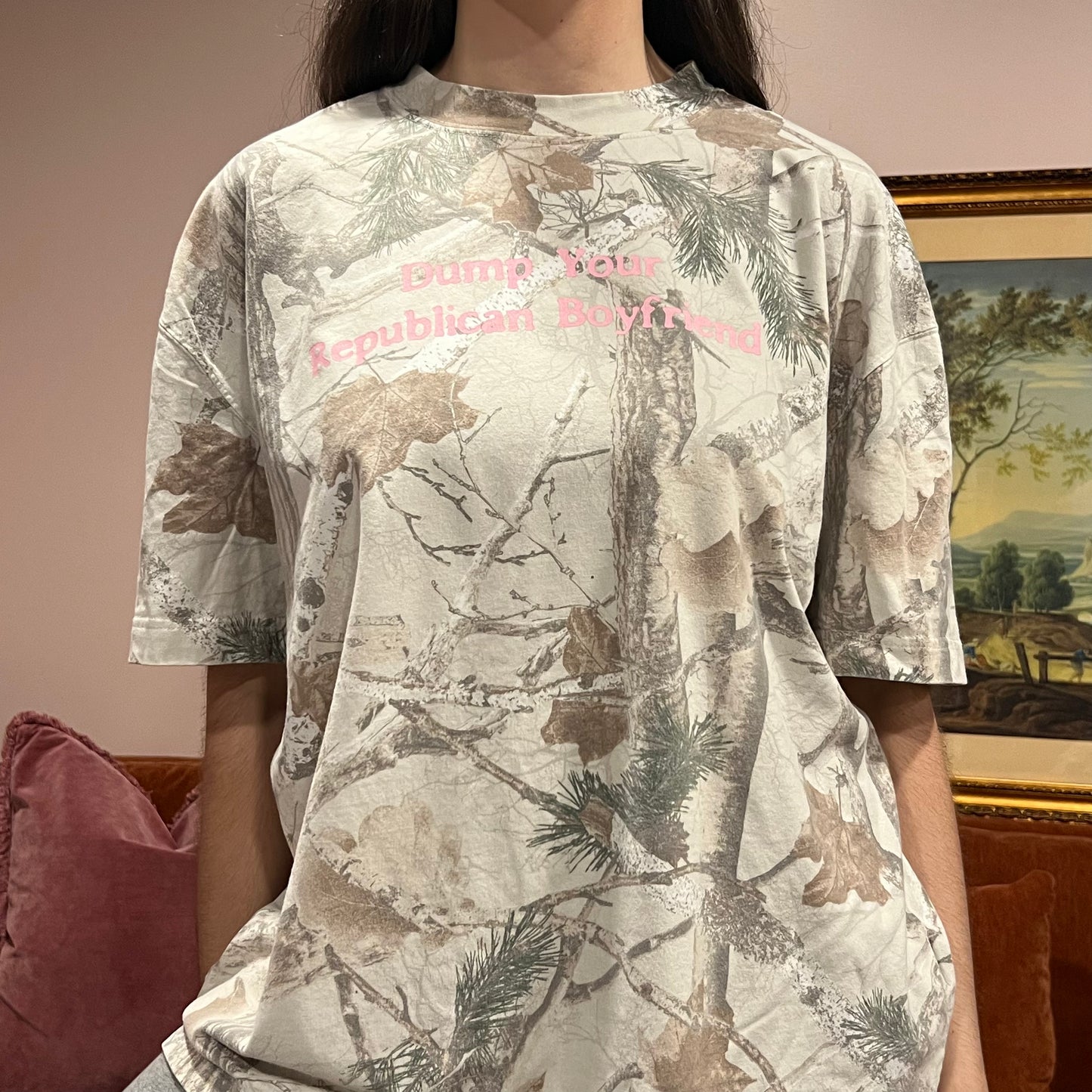 DUMP YOUR REPUBLICAN BOYFRIEND white camo t-shirt with pink text (XL)