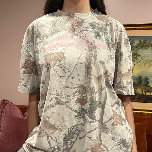 DUMP YOUR REPUBLICAN BOYFRIEND white camo t-shirt with pink text (XL)