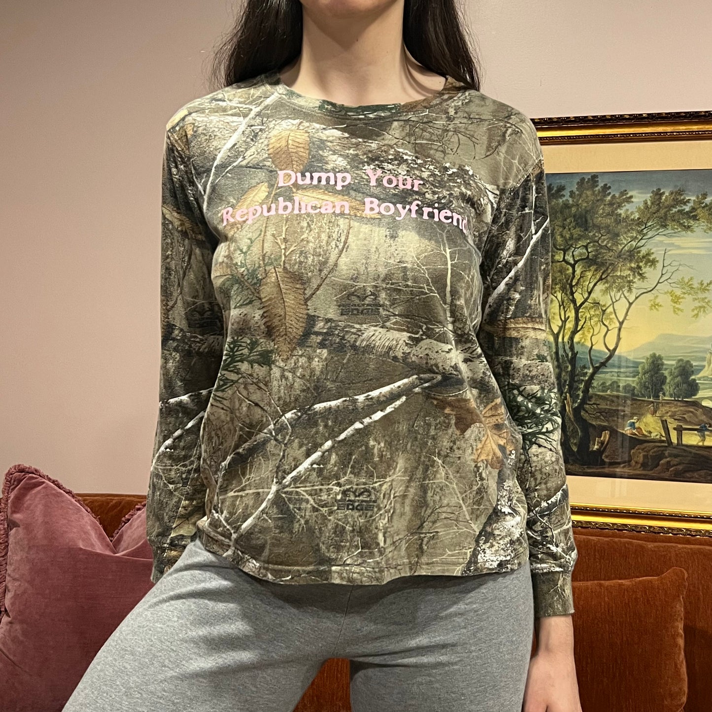 DUMP YOUR REPUBLICAN BOYFRIEND camo long sleeve t-shirt with pink text (L)