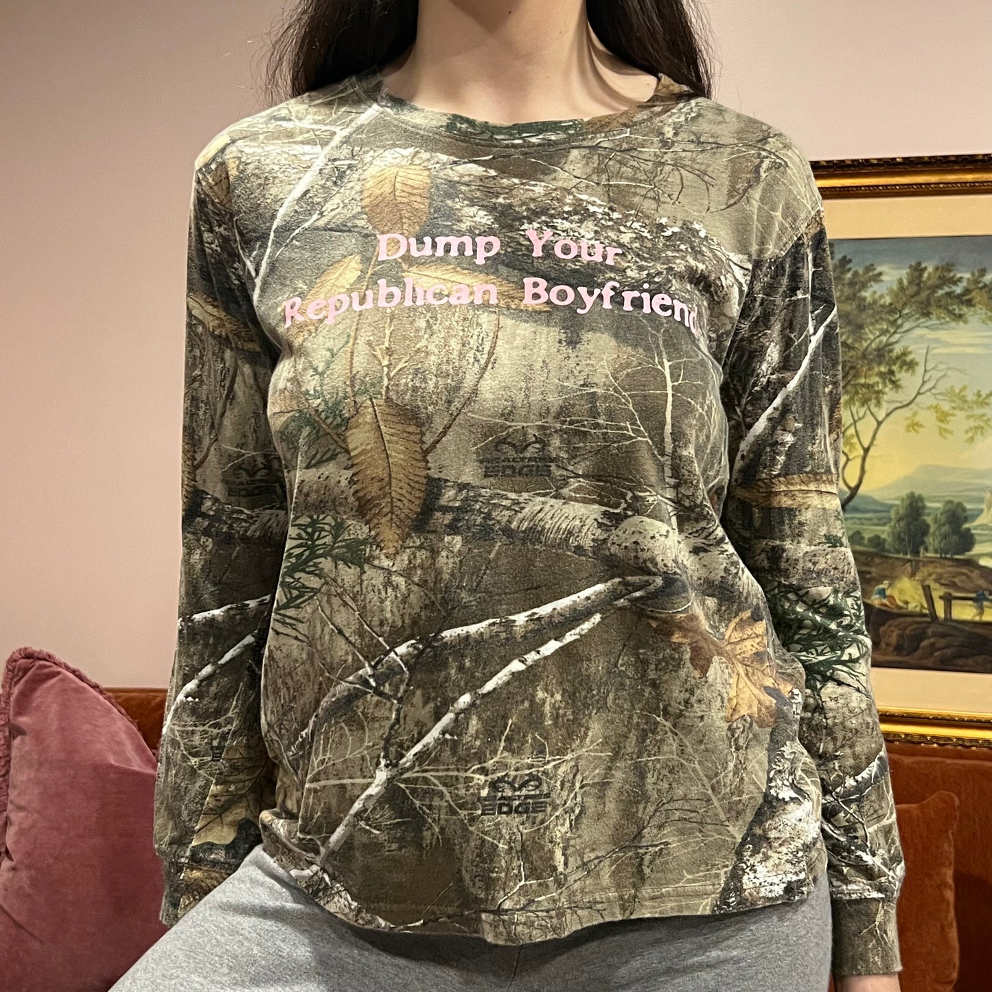 DUMP YOUR REPUBLICAN BOYFRIEND camo long sleeve t-shirt with pink text (L)