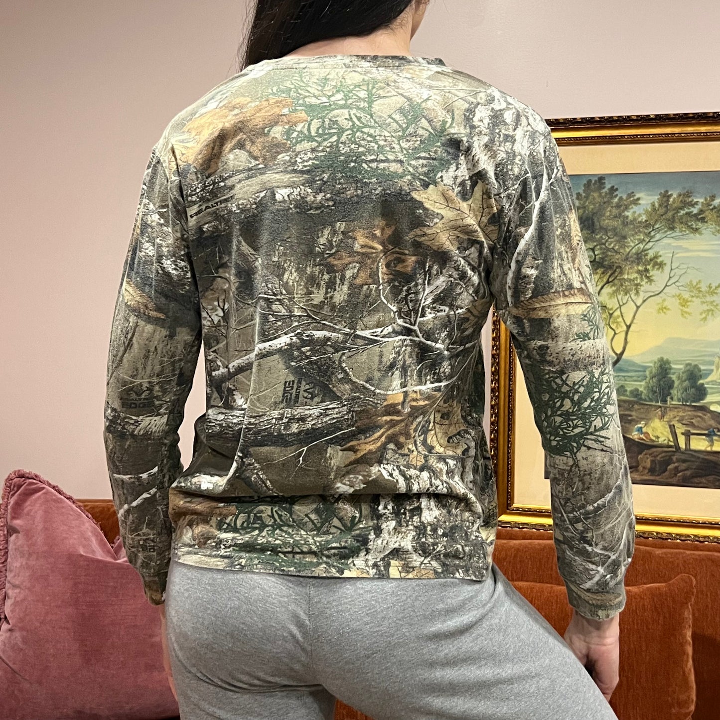 DUMP YOUR REPUBLICAN BOYFRIEND camo long sleeve t-shirt with pink text (L)