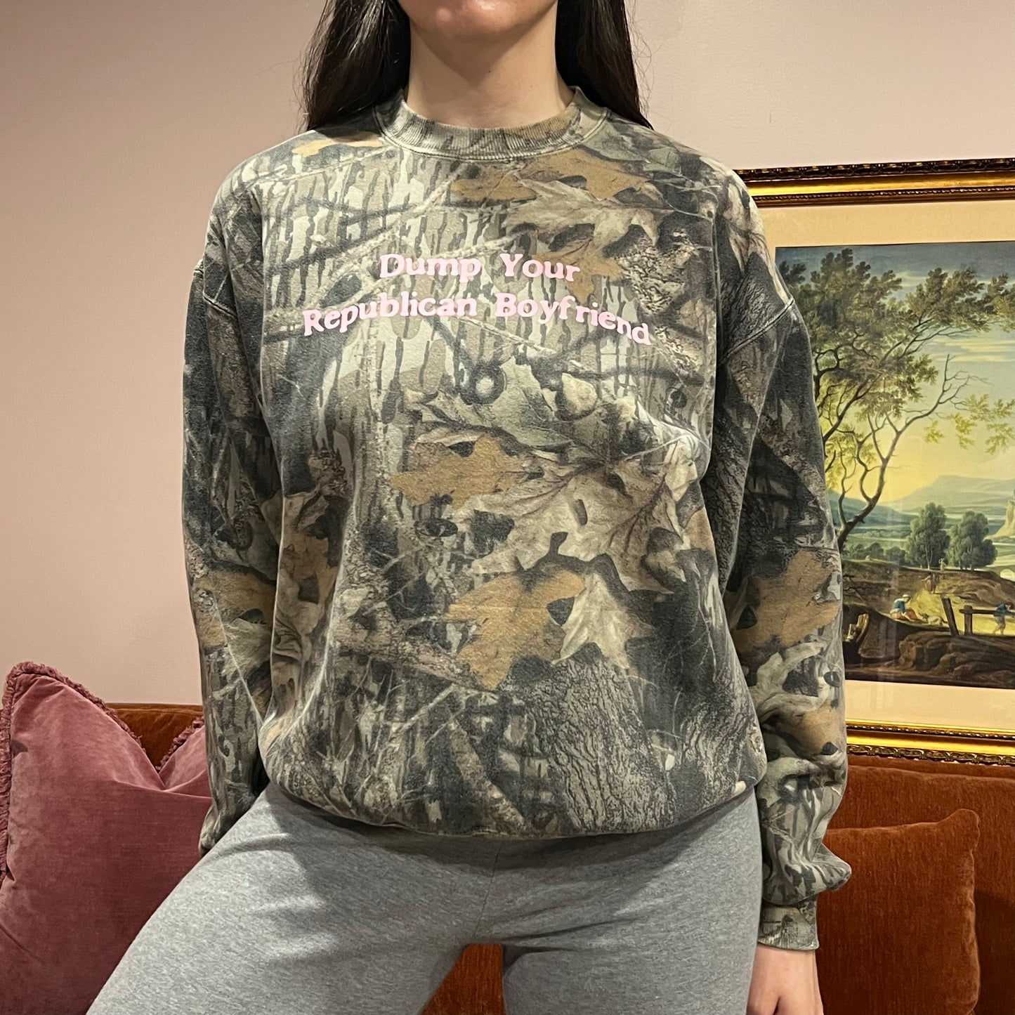 DUMP YOUR REPUBLICAN BOYFRIEND camo crewneck with pink text (L)