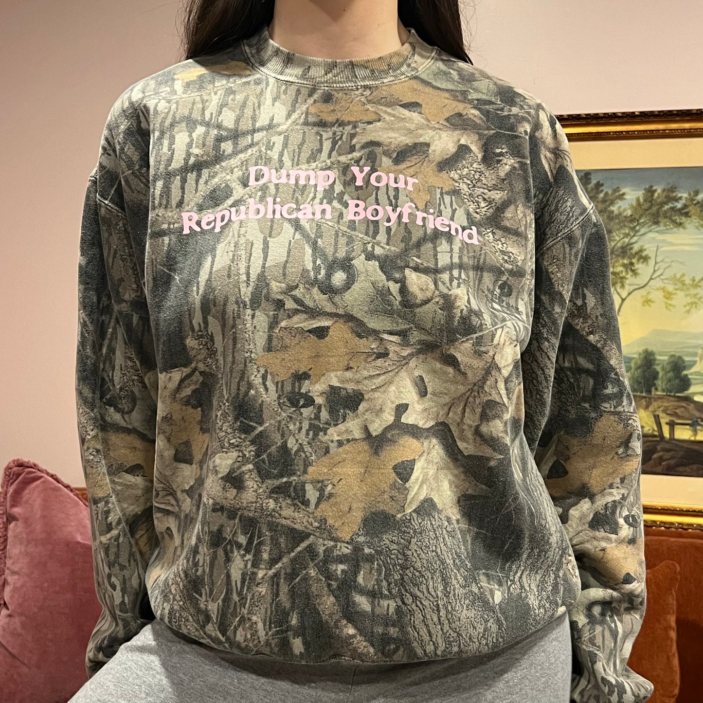 DUMP YOUR REPUBLICAN BOYFRIEND camo crewneck with pink text (L)