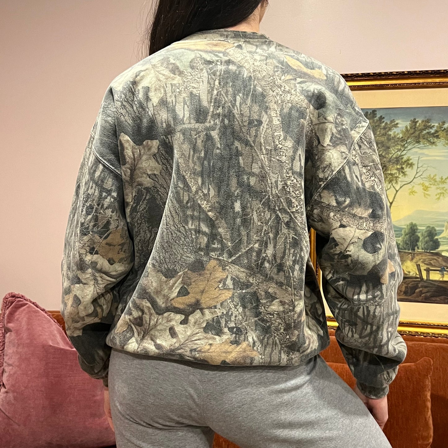 DUMP YOUR REPUBLICAN BOYFRIEND camo crewneck with pink text (L)