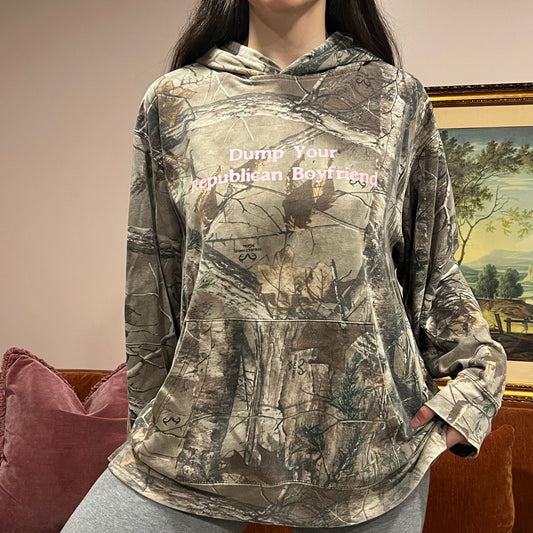 DUMP YOUR REPUBLICAN BOYFRIEND camo hoodie with pink text (XL)