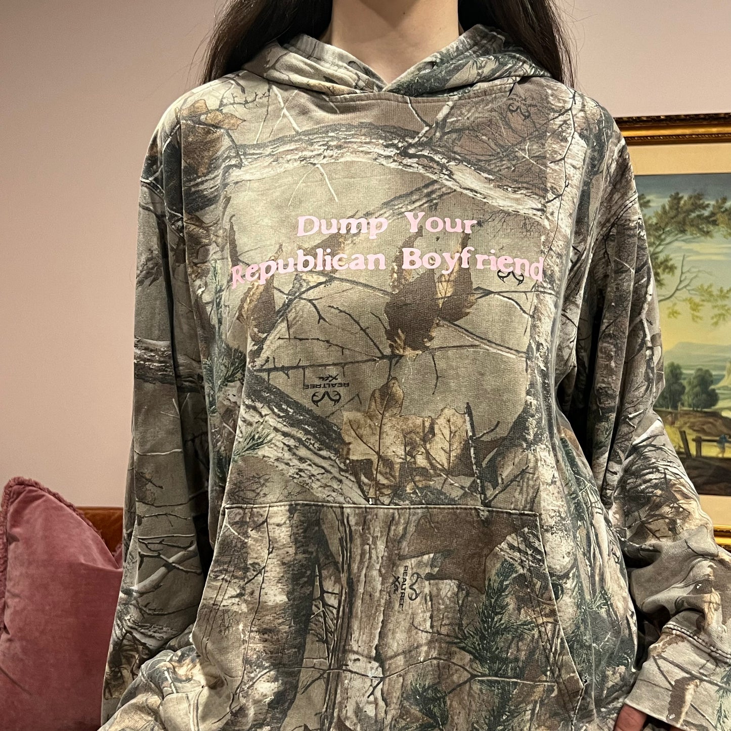 DUMP YOUR REPUBLICAN BOYFRIEND camo hoodie with pink text (XL)