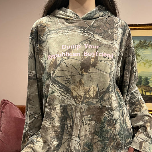 DUMP YOUR REPUBLICAN BOYFRIEND camo hoodie with pink text (XL)