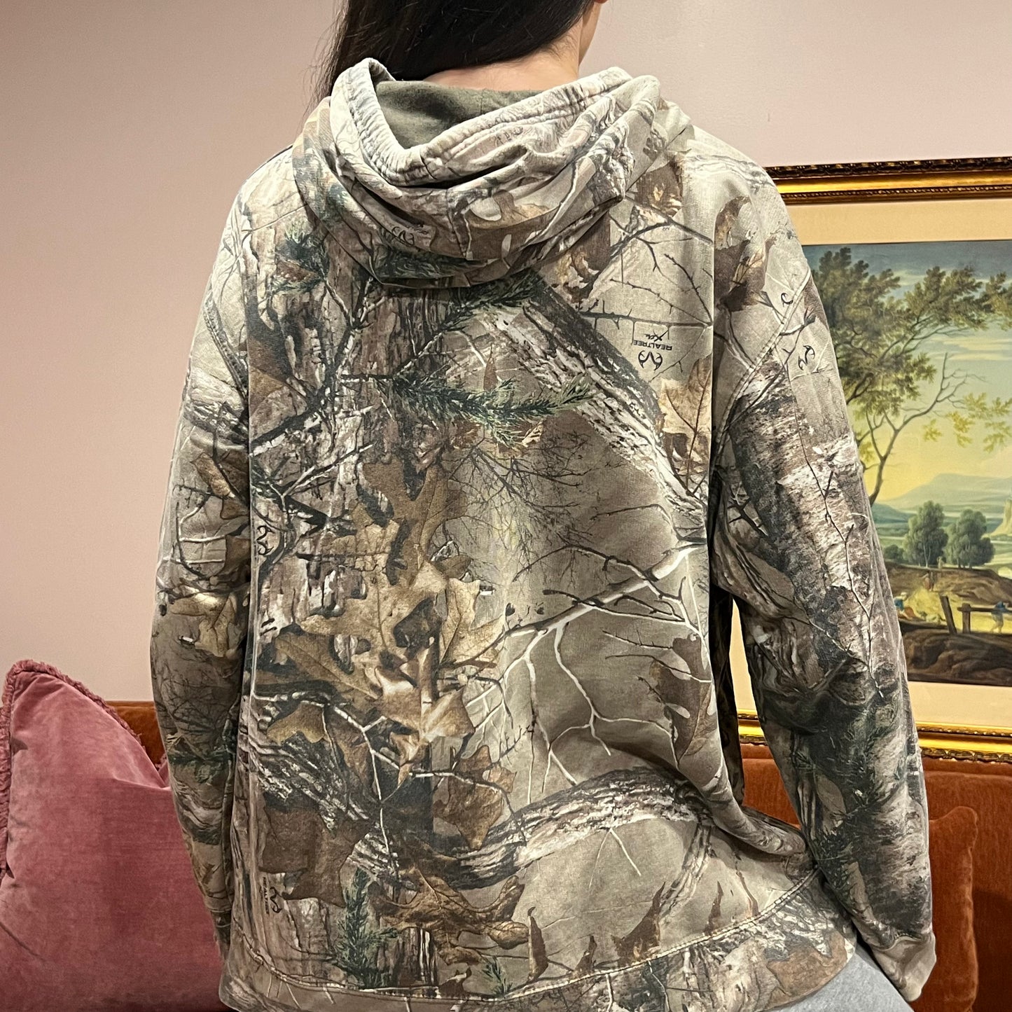 DUMP YOUR REPUBLICAN BOYFRIEND camo hoodie with pink text (XL)