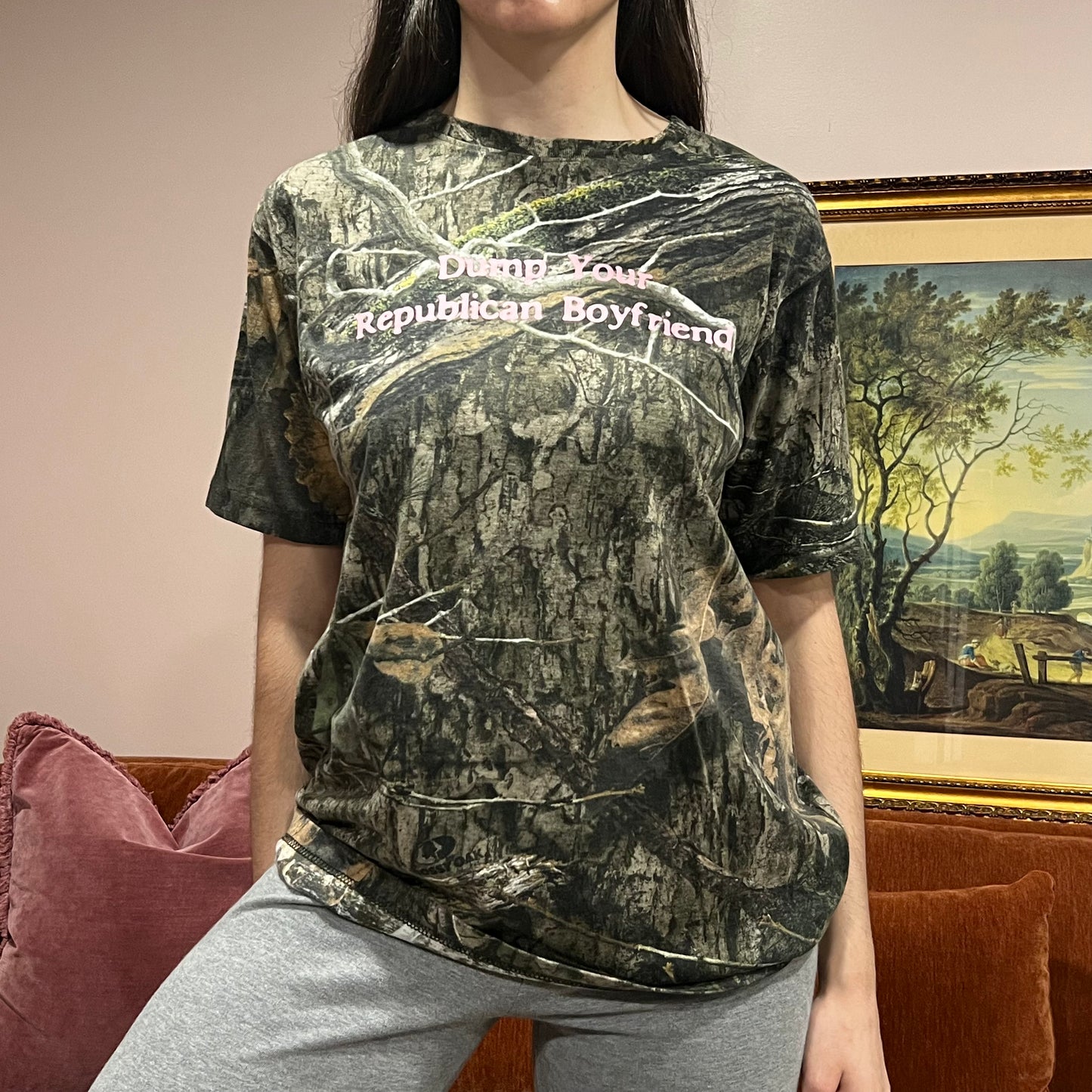 DUMP YOUR REPUBLICAN BOYFRIEND camo t-shirt with pink text (M)