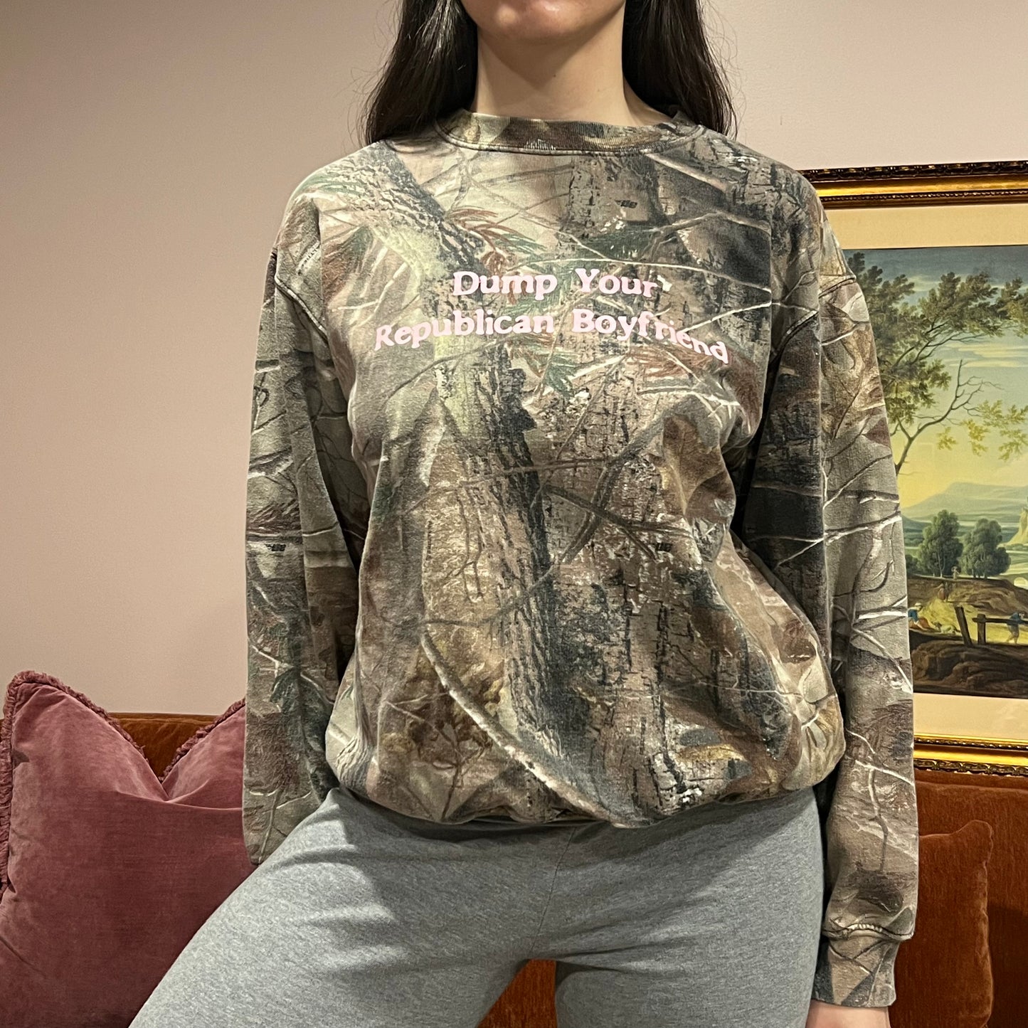 DUMP YOUR REPUBLICAN BOYFRIEND camo crewneck with pink text (M)