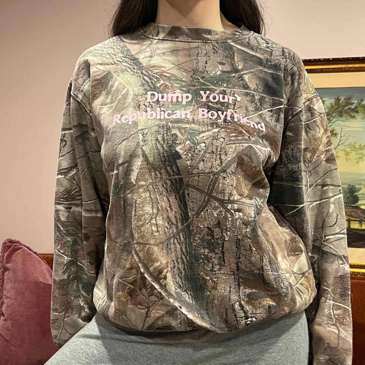 DUMP YOUR REPUBLICAN BOYFRIEND camo crewneck with pink text (M)
