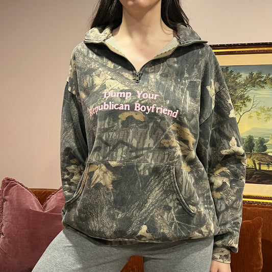 DUMP YOUR REPUBLICAN BOYFRIEND camo zip-up with pink text (XL)