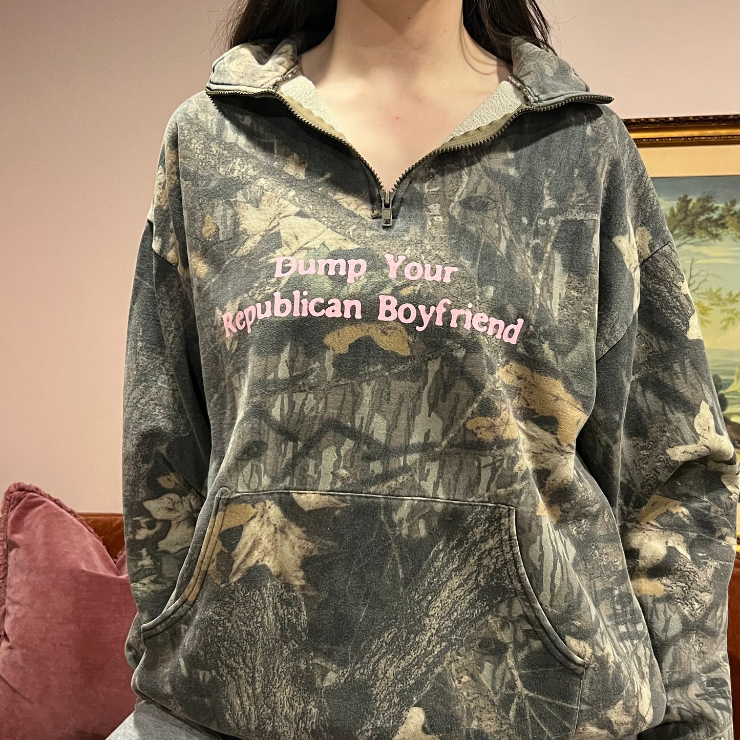DUMP YOUR REPUBLICAN BOYFRIEND camo zip-up with pink text (XL)