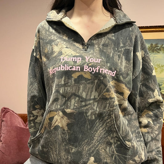 DUMP YOUR REPUBLICAN BOYFRIEND camo zip-up with pink text (XL)