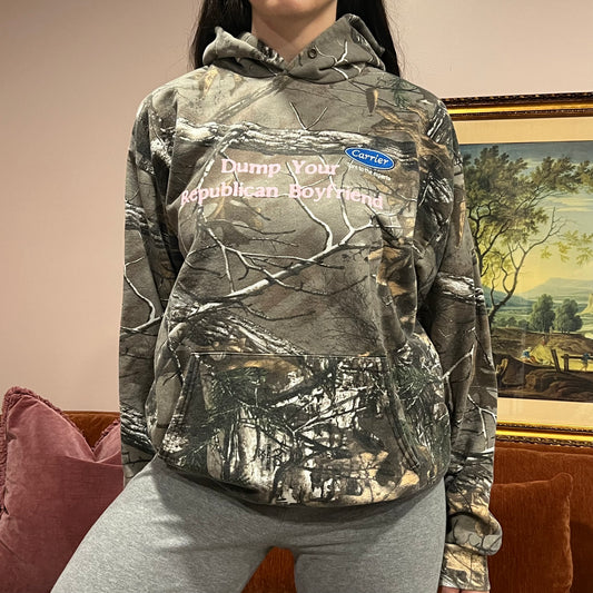DUMP YOUR REPUBLICAN BOYFRIEND camo hoodie with pink text (L)