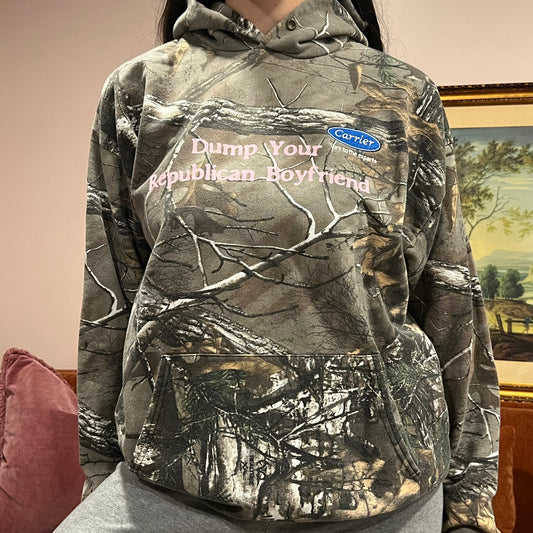 DUMP YOUR REPUBLICAN BOYFRIEND camo hoodie with pink text (L)