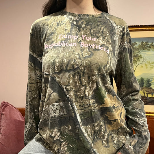 DUMP YOUR REPUBLICAN BOYFRIEND camo long sleeve t-shirt with pink text (L)