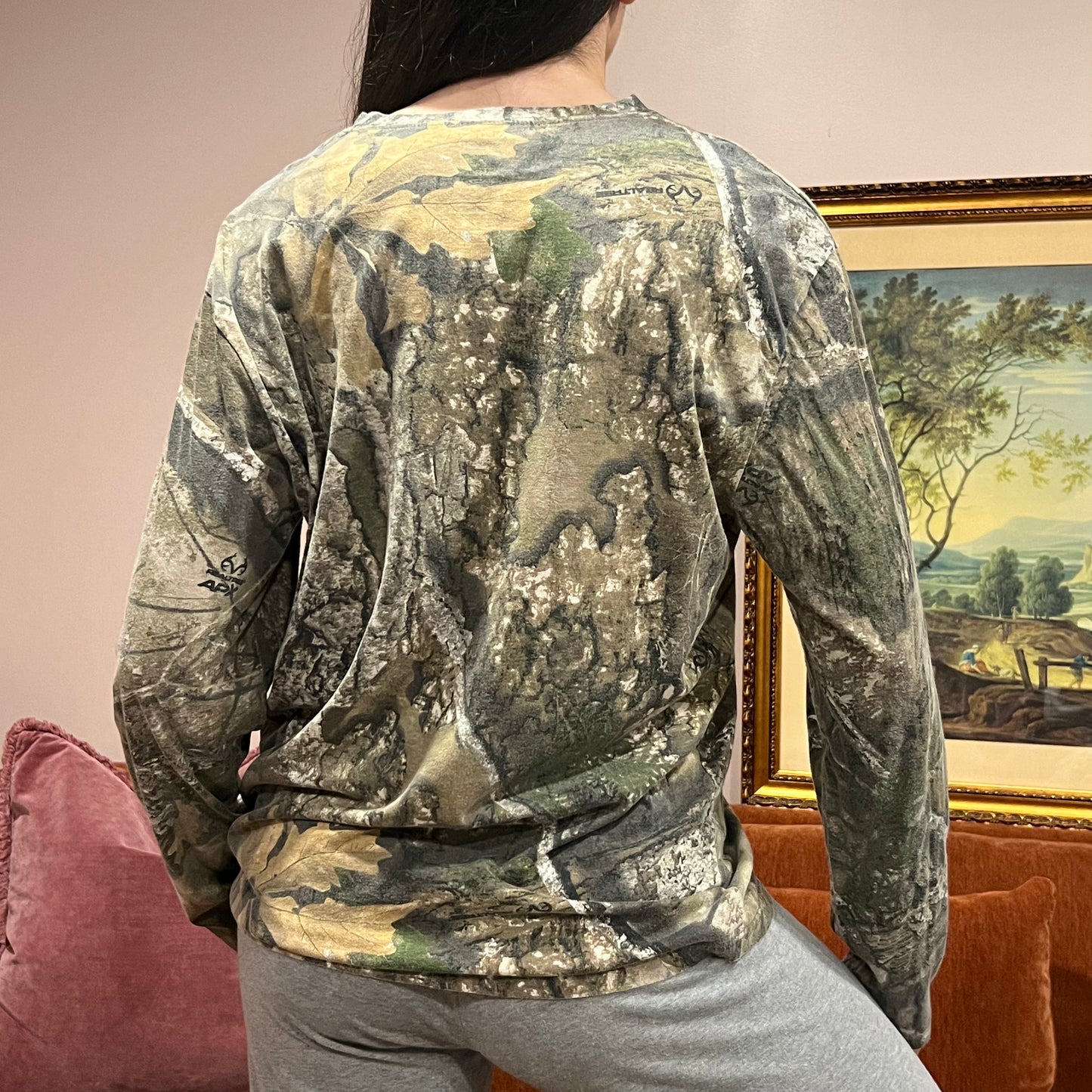 DUMP YOUR REPUBLICAN BOYFRIEND camo long sleeve t-shirt with pink text (L)