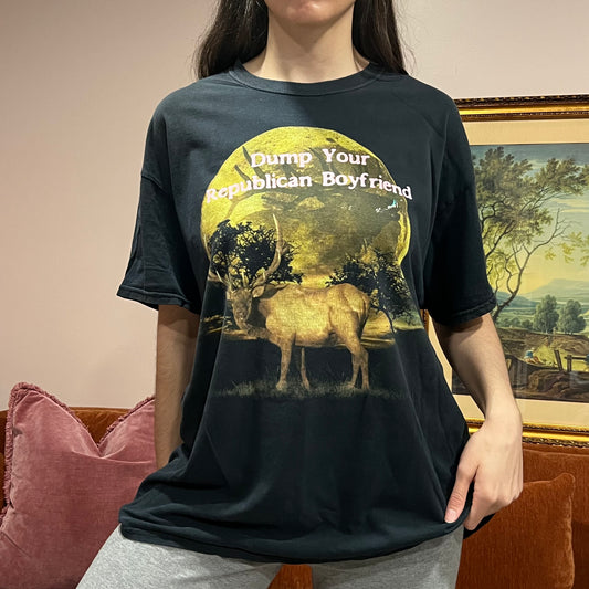 DUMP YOUR REPUBLICAN BOYFRIEND deer t-shirt with pink text (XL)