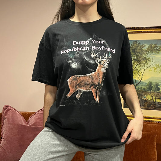 DUMP YOUR REPUBLICAN BOYFRIEND deer t-shirt with pink text (XL)