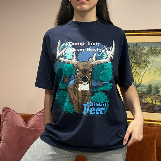 DUMP YOUR REPUBLICAN BOYFRIEND deer t-shirt with pink text (XL)