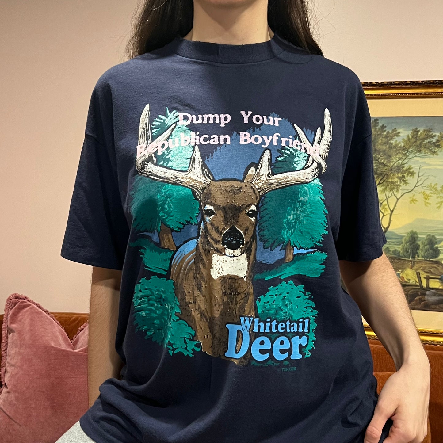 DUMP YOUR REPUBLICAN BOYFRIEND deer t-shirt with pink text (XL)
