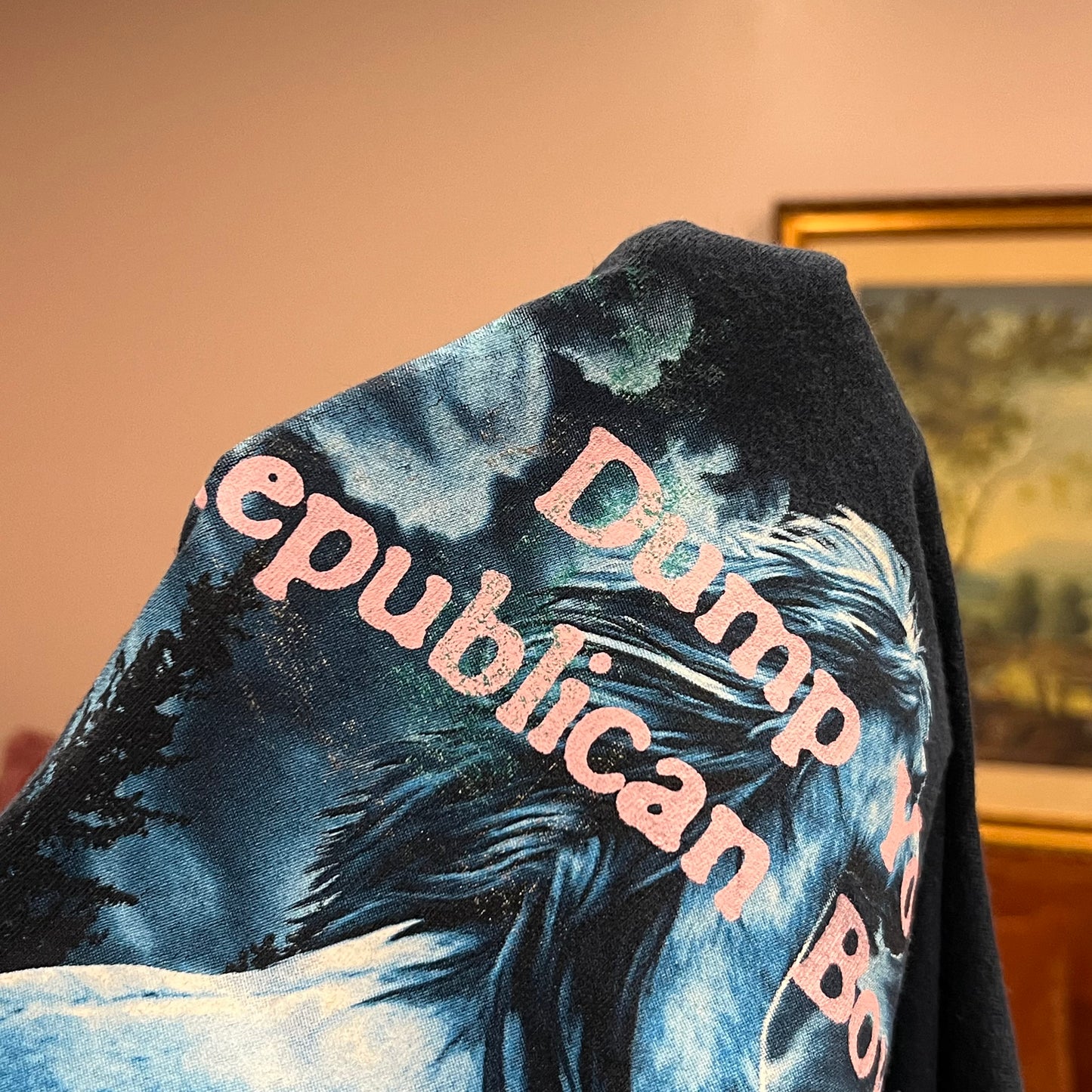 DUMP YOUR REPUBLICAN BOYFRIEND horse t-shirt with pink text (L)