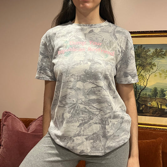 DUMP YOUR REPUBLICAN BOYFRIEND white camo t-shirt with pink text (M)