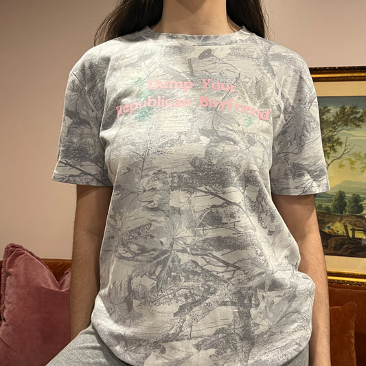 DUMP YOUR REPUBLICAN BOYFRIEND white camo t-shirt with pink text (M)