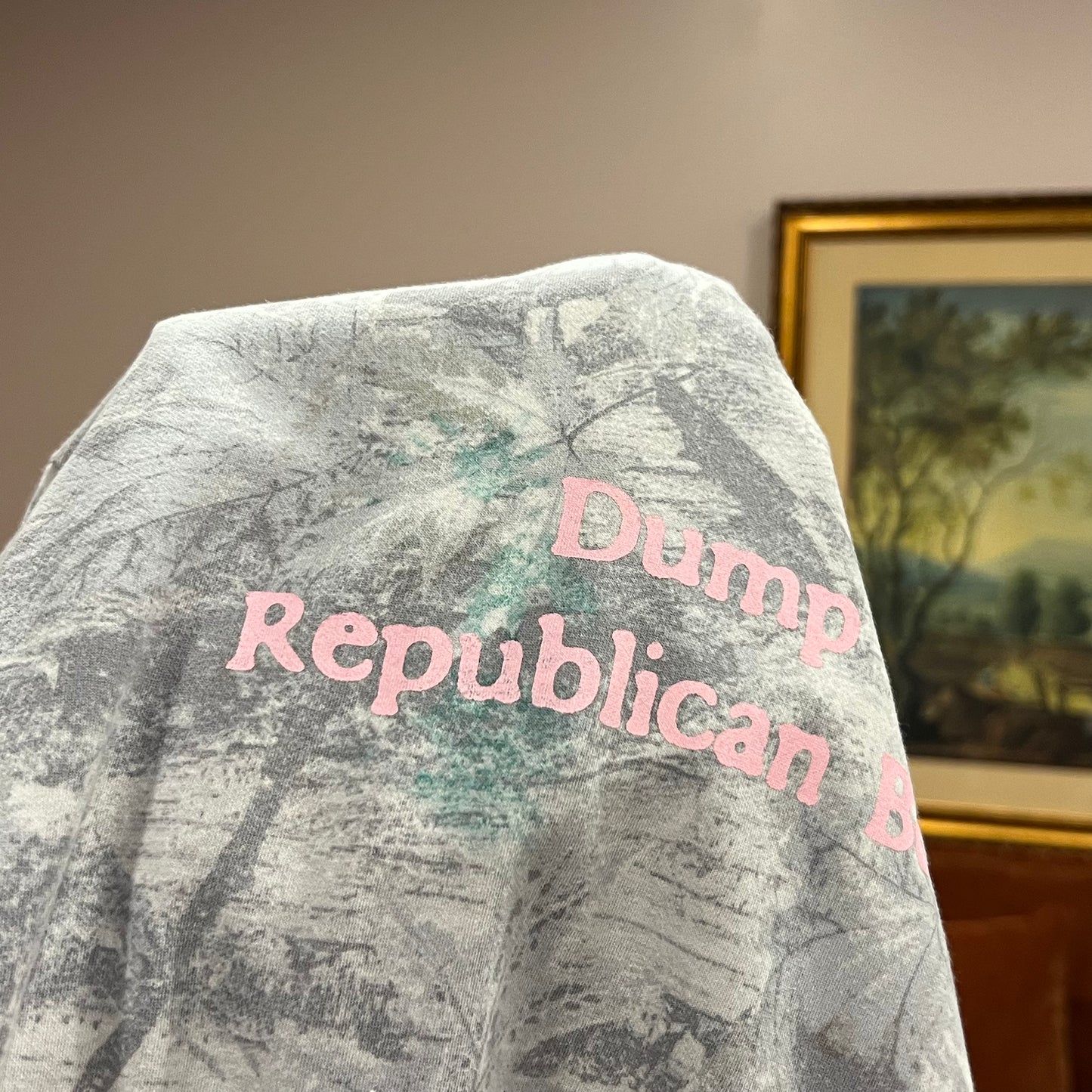 DUMP YOUR REPUBLICAN BOYFRIEND white camo t-shirt with pink text (M)