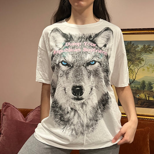 DUMP YOUR REPUBLICAN BOYFRIEND wolf t-shirt with pink text (XL)