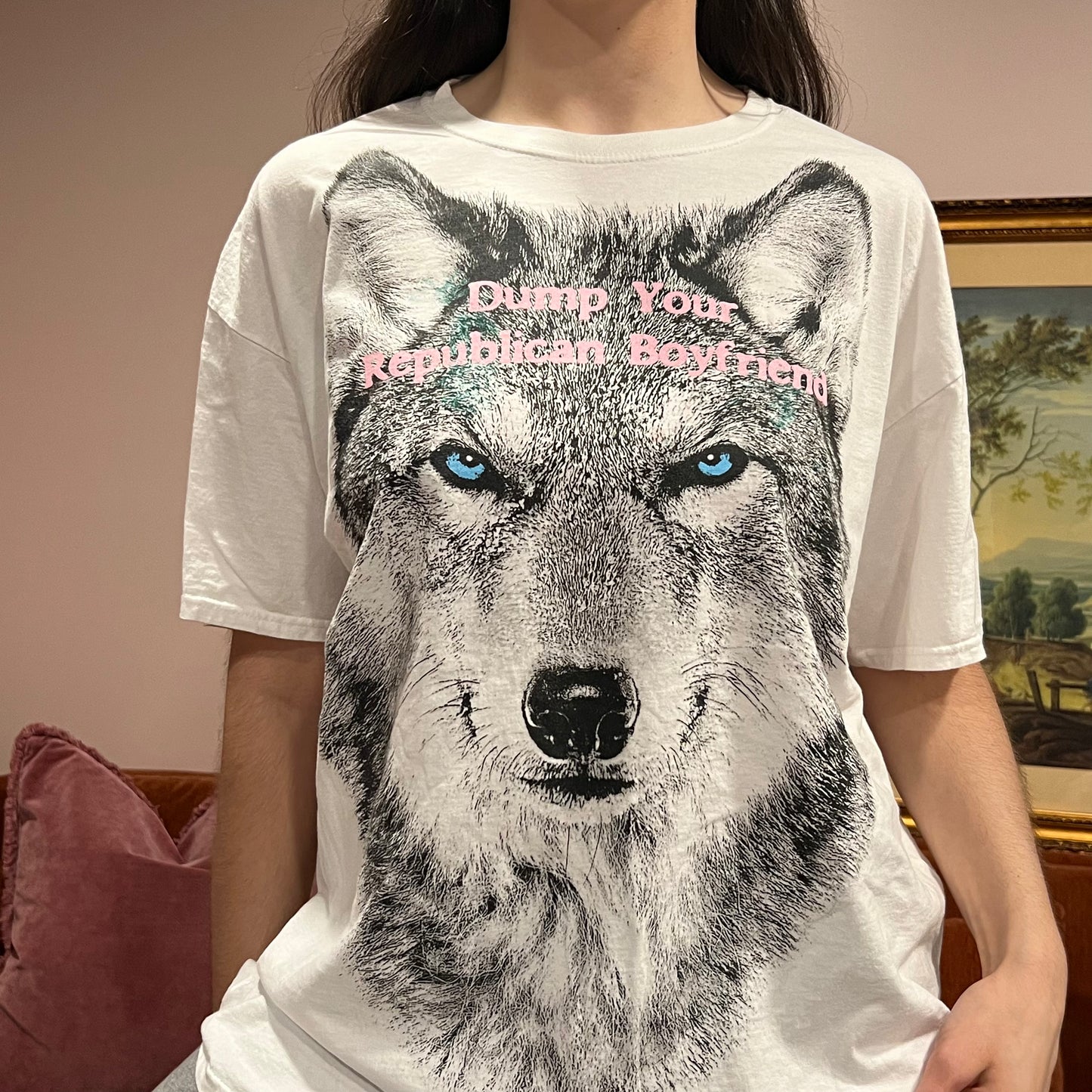 DUMP YOUR REPUBLICAN BOYFRIEND wolf t-shirt with pink text (XL)