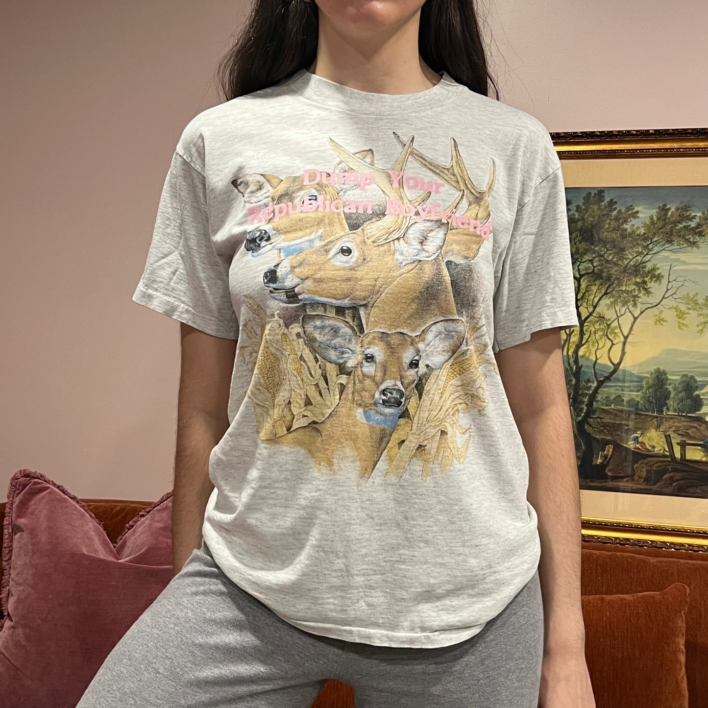 DUMP YOUR REPUBLICAN BOYFRIEND deer t-shirt with pink text (L)