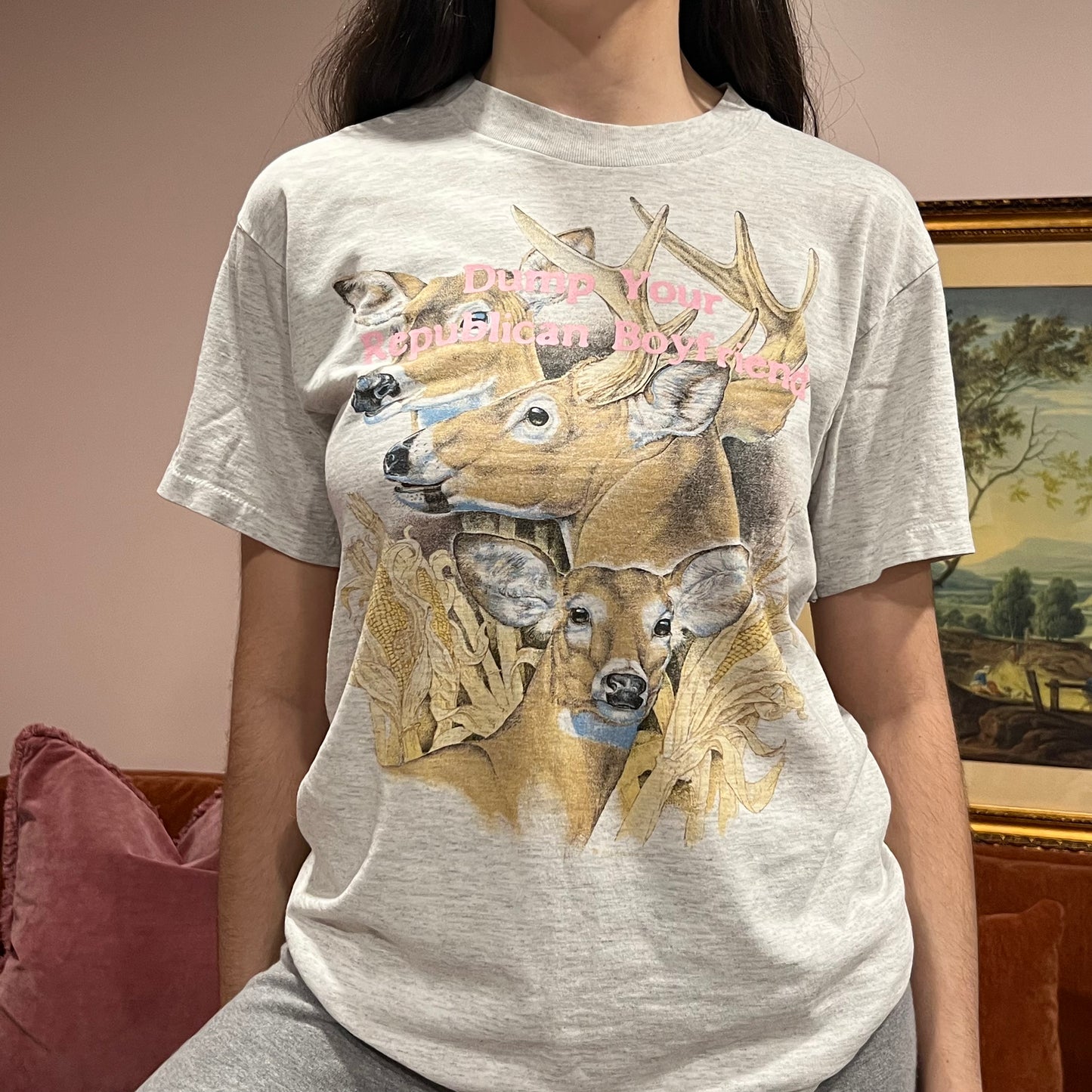 DUMP YOUR REPUBLICAN BOYFRIEND deer t-shirt with pink text (L)