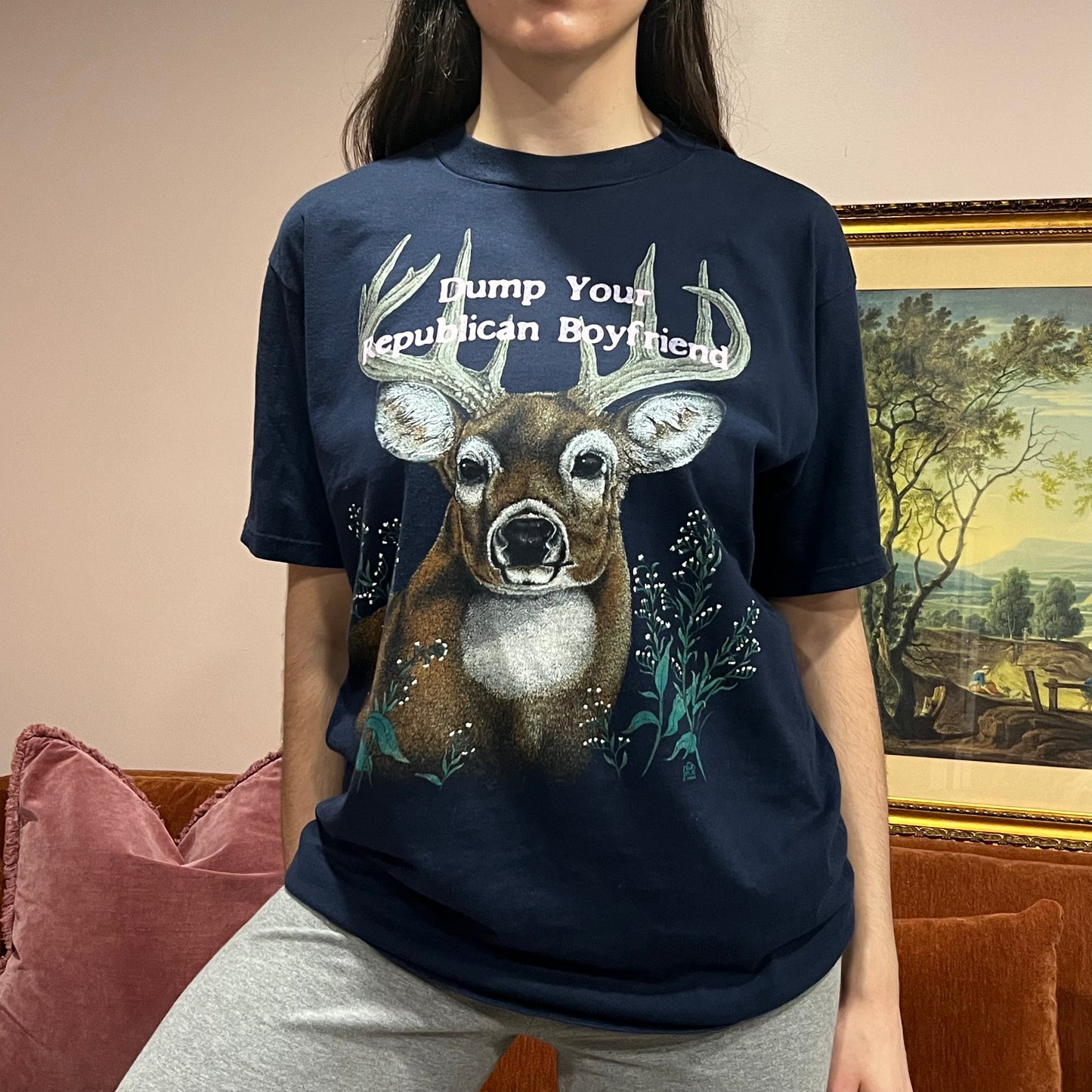 DUMP YOUR REPUBLICAN BOYFRIEND deer t-shirt with pink text (L)