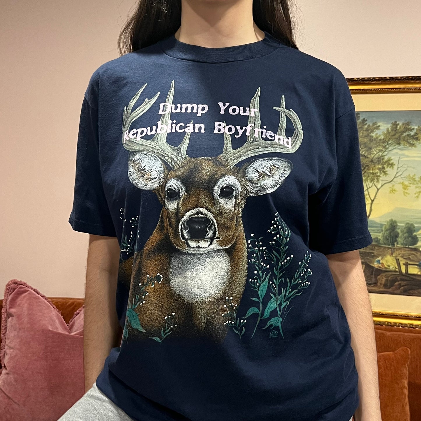 DUMP YOUR REPUBLICAN BOYFRIEND deer t-shirt with pink text (L)