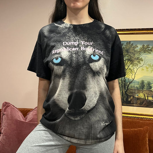 DUMP YOUR REPUBLICAN BOYFRIEND wolf t-shirt with pink text (L)